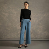 Straight-Leg Denim Pleated Pants