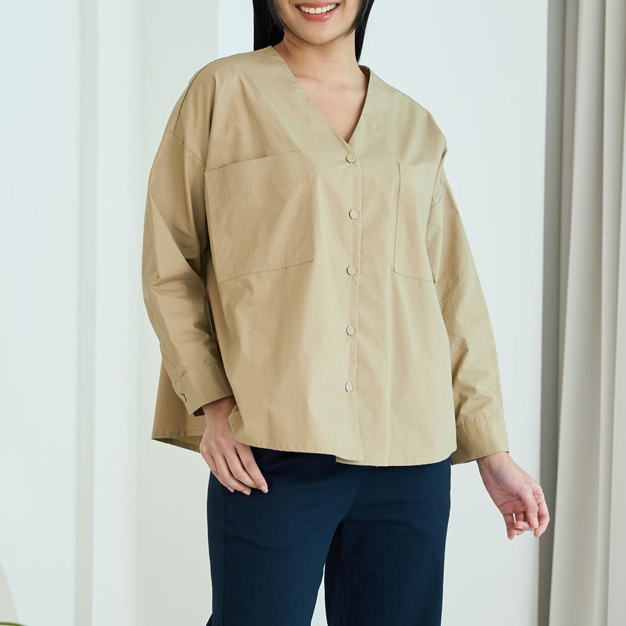 V-Neck Button Up Long Sleeve Shirt